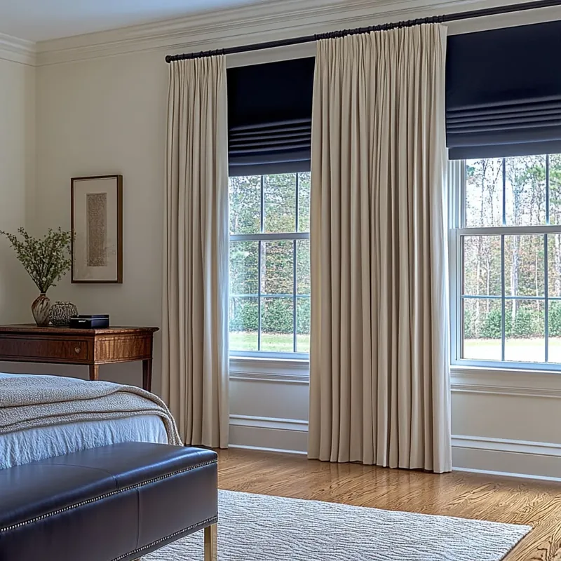 Cream curtain with dark roman shade over window