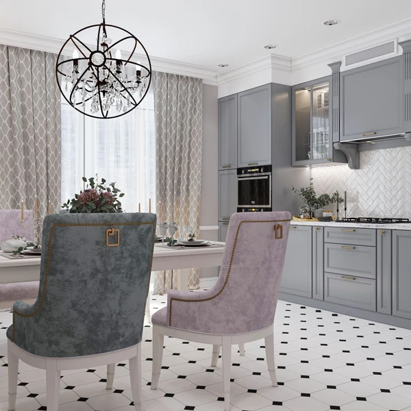 Patterned curtain filtering daylight in elegant kitchen setting