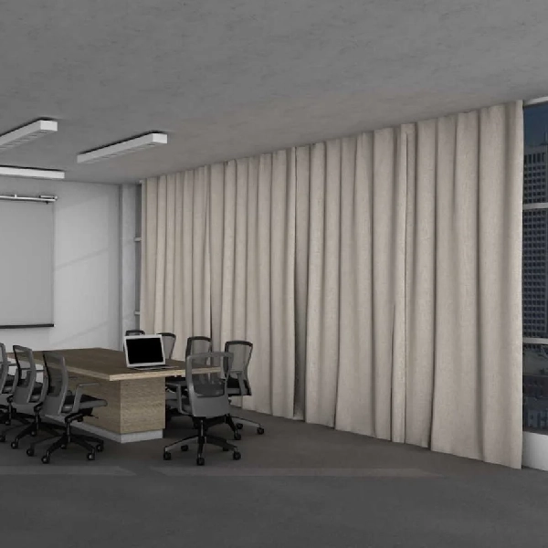 beige soundproof curtain covers an entire wall in an office meeting room
